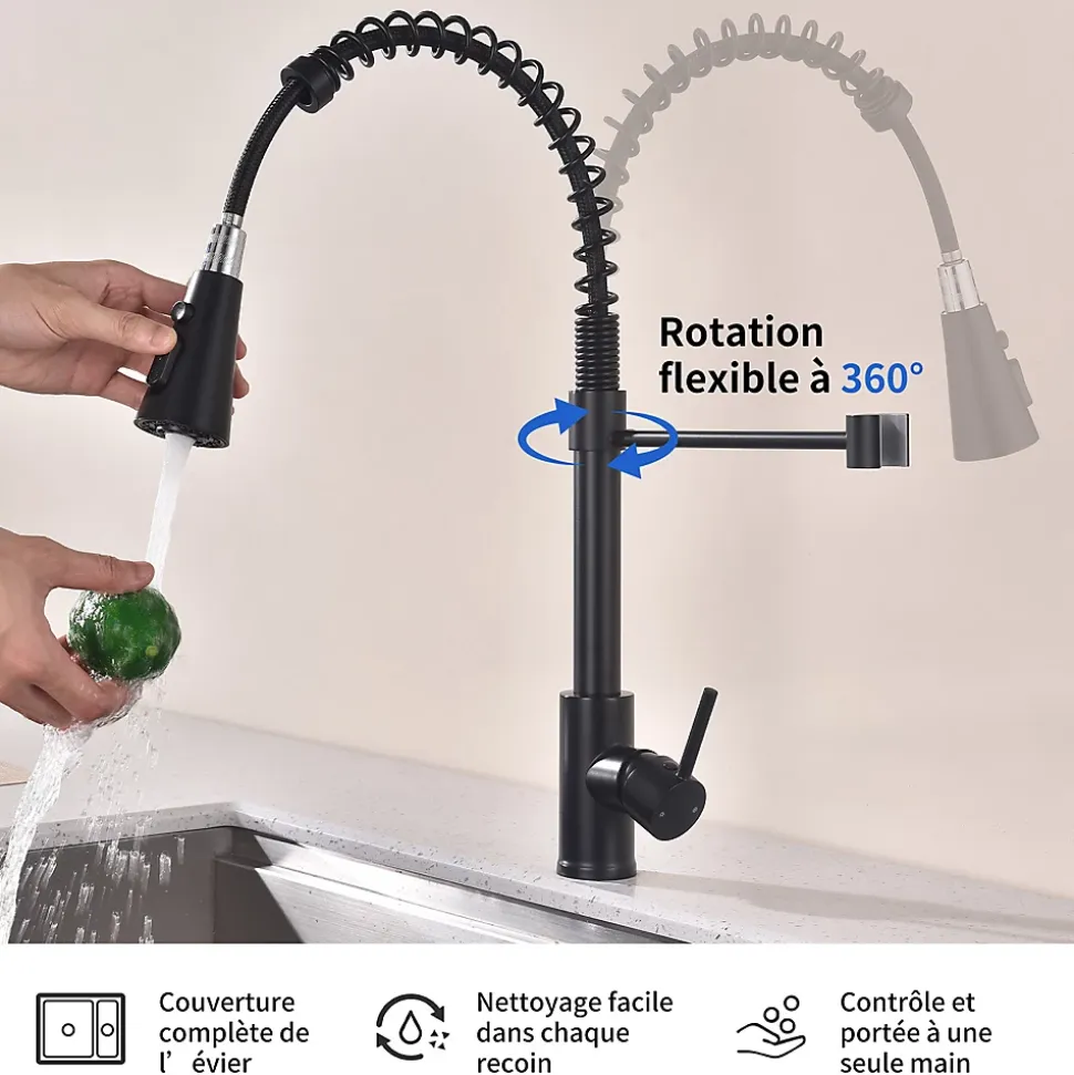 Mitigeur cuisine Noir avec douchette Robinet de Cuisine à Ressort Robinetterie de cuisine Rotation