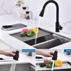 Mitigeur Cuisine Noir avec Douchette Extractible Rotatif à 360 degrés en Acier Inoxydable Robinet Cuisine Evier 2 Fonctions