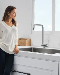 Mitigeur cuisine rabattable, robinet cuisine rabattable avec 2 Jets, robinetterie pliable devant fenêtre