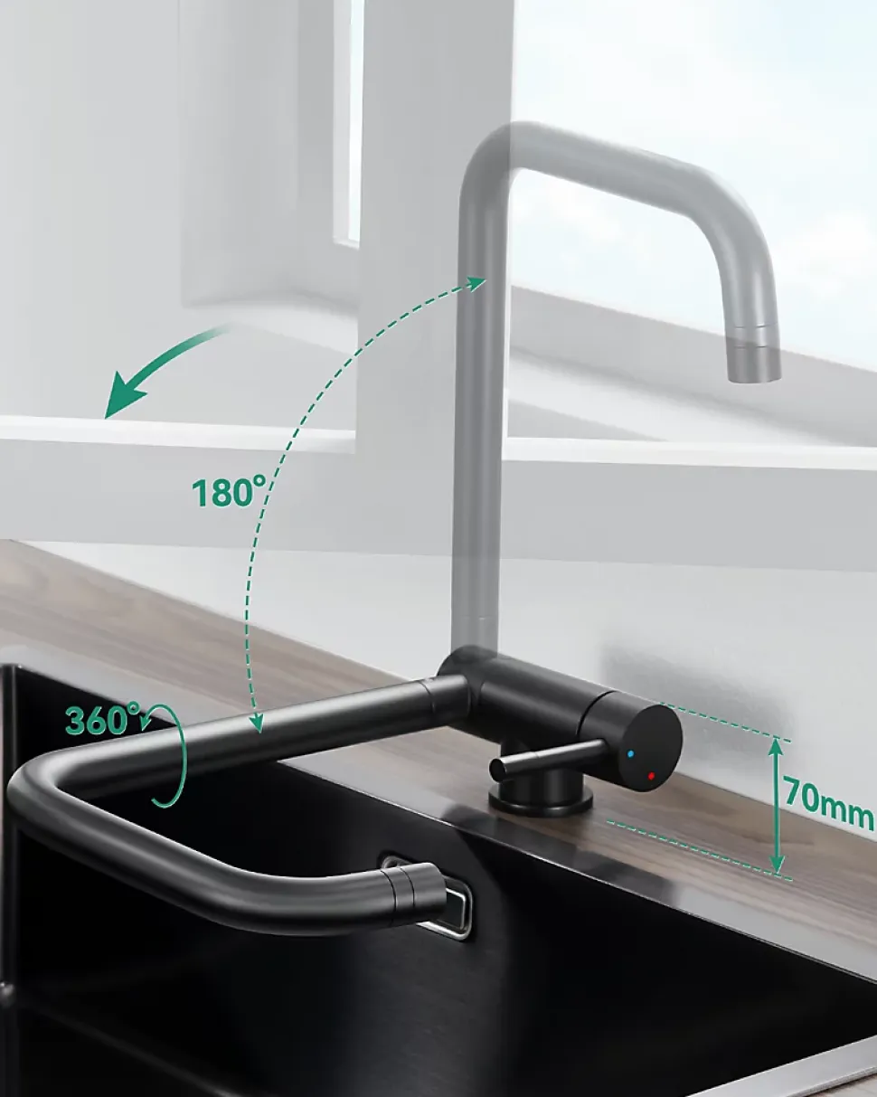 Mitigeur cuisine rabattable noir, CECIPA MAX robinet cuisine rabattable avec 2 Jets, robinetterie pliable devant fenêtre