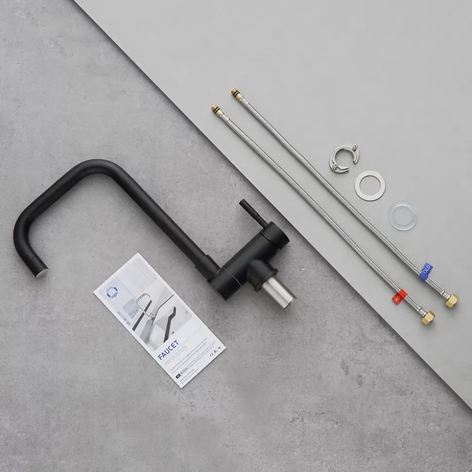 Mitigeur cuisine rabattable noir, robinet cuisine rabattable avec 2 Jets, robinetterie pliable devant fenêtre