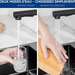 Mitigeur de Cuisine avec Douchette Extractible, Robinet Cuisine en Inox Mitigeur d'Évier avec 2 Modes de Sortie D'eau, Noir