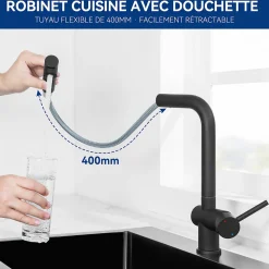 Mitigeur de Cuisine avec Douchette Extractible, Robinet Cuisine en Inox Mitigeur d'Évier avec 2 Modes de Sortie D'eau, Noir