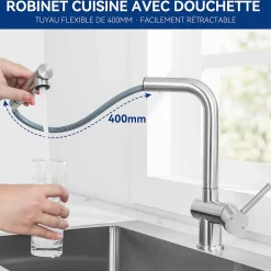 Mitigeur de Cuisine avec Douchette Extractible, Robinet Cuisine en Inox Mitigeur d'Évier avec 2 Modes de Sortie D'eau, Brossé