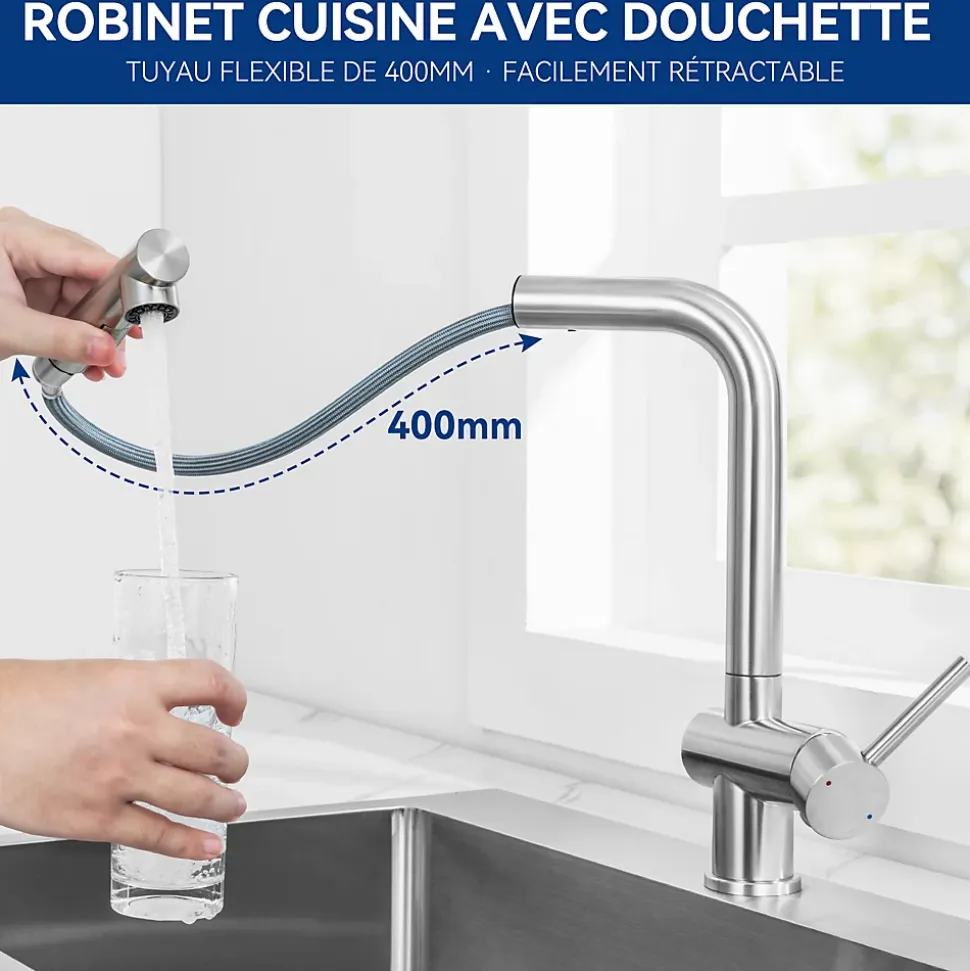 Mitigeur de Cuisine avec Douchette Extractible, Robinet Cuisine en Inox Mitigeur d'Évier avec 2 Modes de Sortie D'eau, Brossé