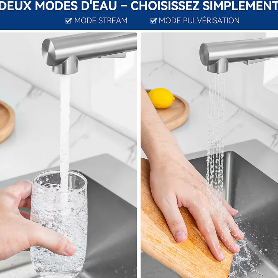 Mitigeur de Cuisine avec Douchette Extractible, Robinet Cuisine en Inox Mitigeur d'Évier avec 2 Modes de Sortie D'eau, Brossé
