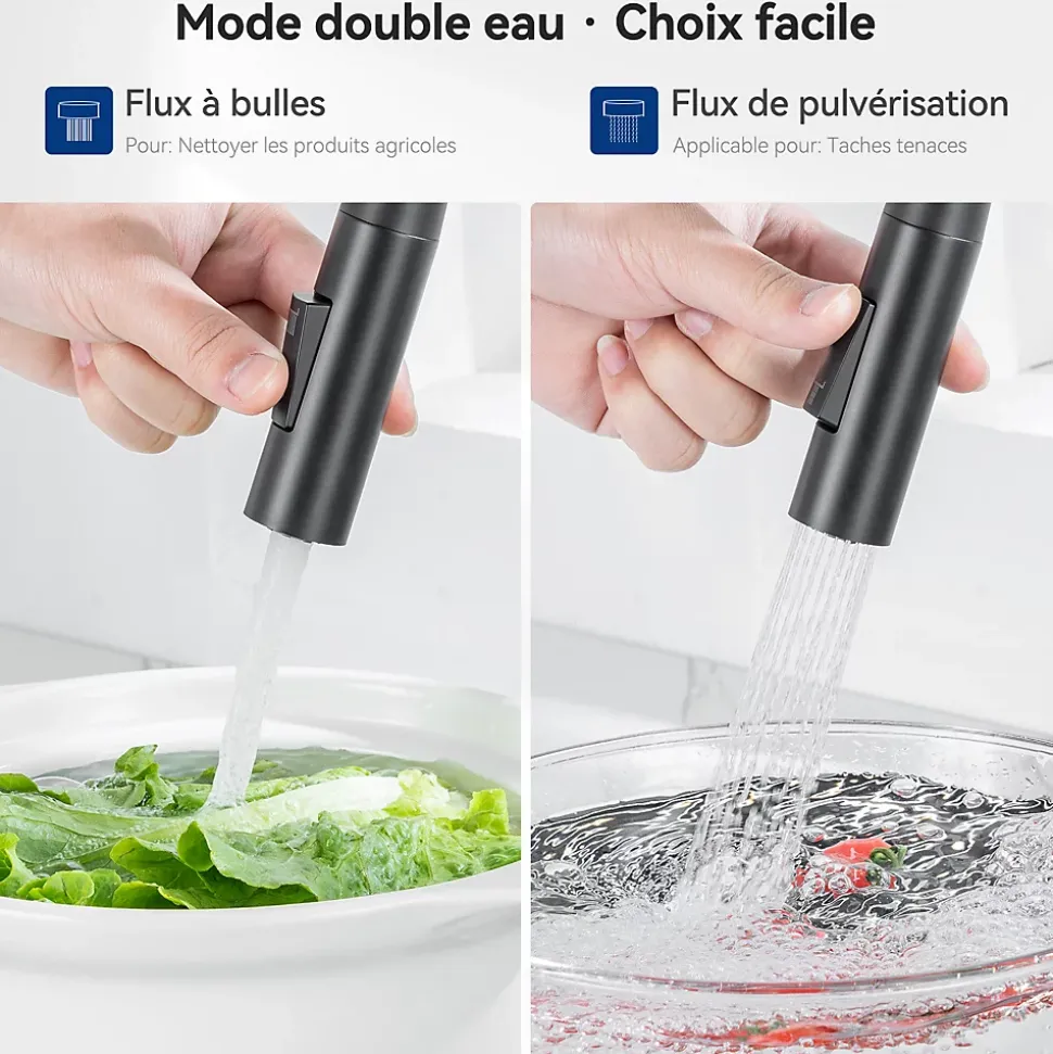 Mitigeur de Cuisine Flexible Noir, CECIPA MAX Robinet Cuisine Rabattable AVEC DEUX MODES D'EAU