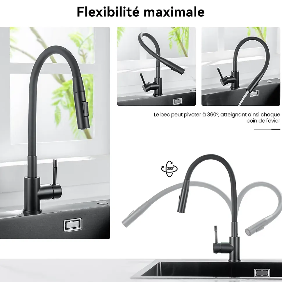 Mitigeur de Cuisine Flexible Noir, CECIPA MAX Robinet Cuisine Rabattable AVEC DEUX MODES D'EAU