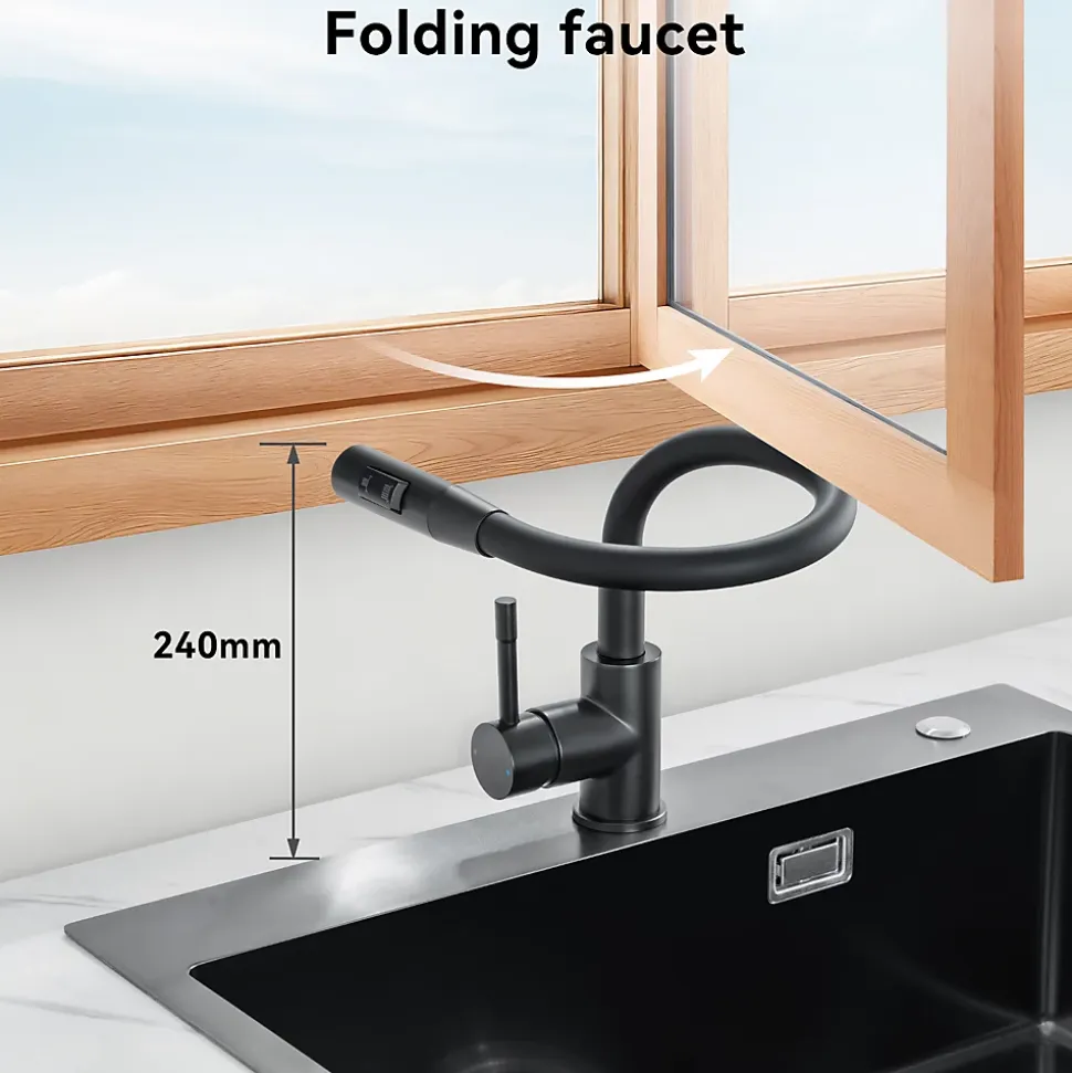 Mitigeur de Cuisine Flexible Noir, CECIPA MAX Robinet Cuisine Rabattable AVEC DEUX MODES D'EAU