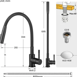Mitigeur de Cuisine Flexible Noir, CECIPA MAX Robinet Cuisine Rabattable AVEC DEUX MODES D'EAU