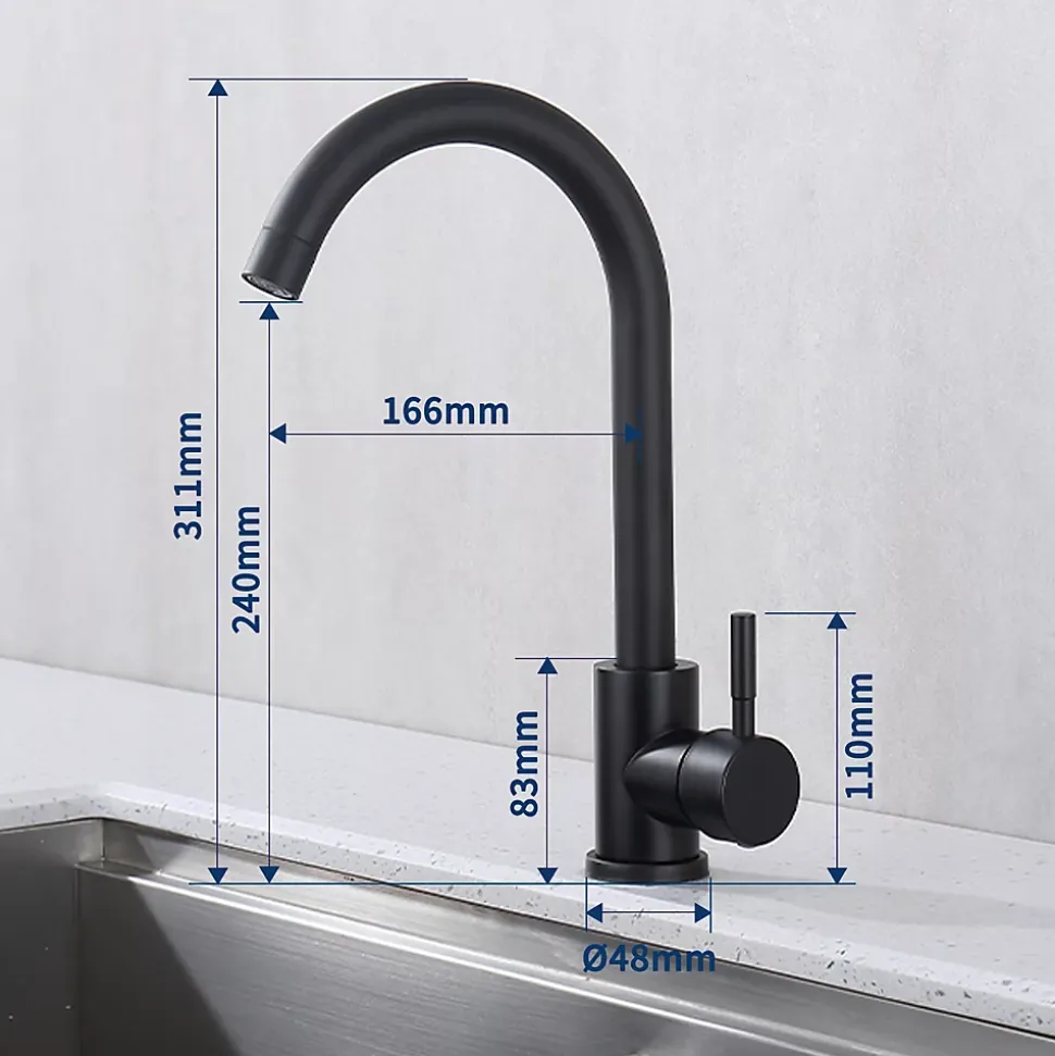 Mitigeur de Cuisine Noir Robinet de Cuisine 360 degrés Rotatif Robinet Mitigeur d'évier en Acier Inox Noir Mat