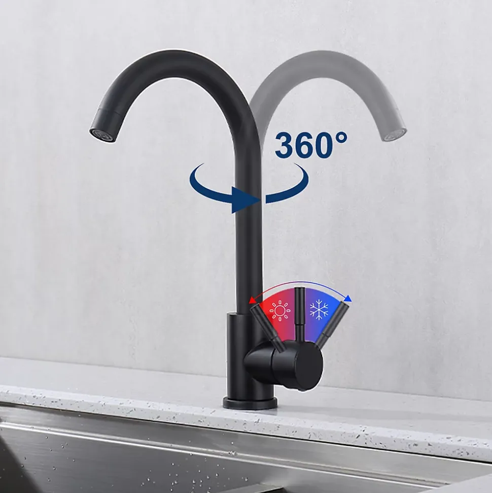 Mitigeur de Cuisine Noir Robinet de Cuisine 360 degrés Rotatif Robinet Mitigeur d'évier en Acier Inox Noir Mat