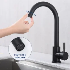 Mitigeur de Cuisine Noir Robinet de Cuisine 360 degrés Rotatif Robinet Mitigeur d'évier en Acier Inox Noir Mat