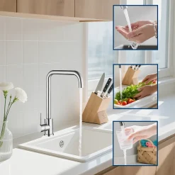 Mitigeur de cuisine pivotant 360, forme L, acier inoxydable, monolevier, 1 trou