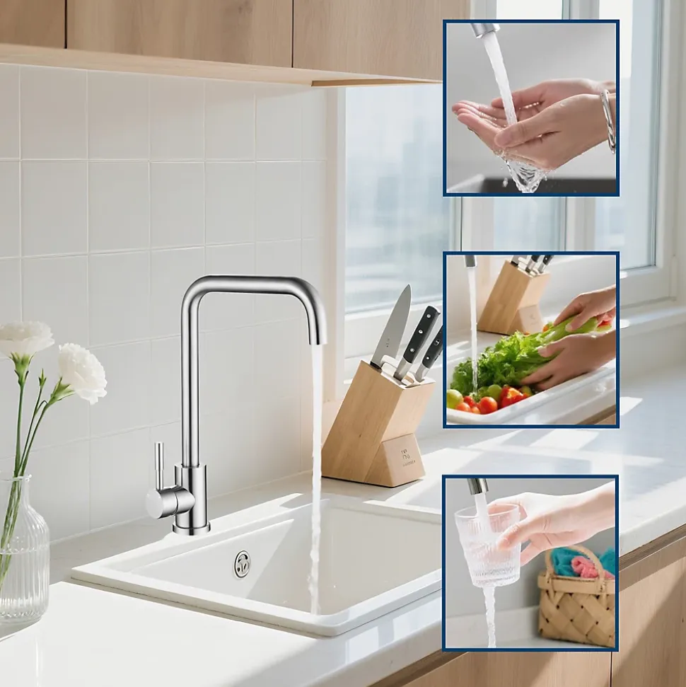 Mitigeur de cuisine pivotant 360, forme L, acier inoxydable, monolevier, 1 trou