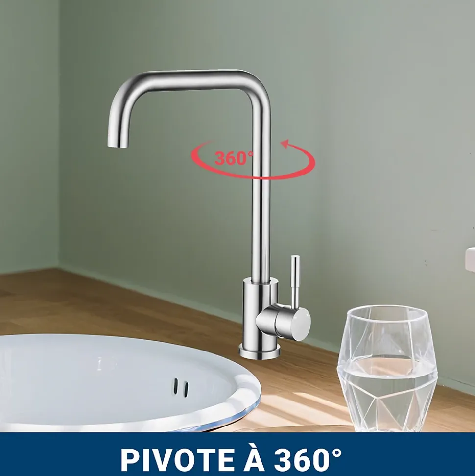 Mitigeur de cuisine pivotant 360, forme L, acier inoxydable, monolevier, 1 trou