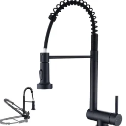 Mitigeur de Cuisine Rabattable Noir Robinet Cuisine à Ressort avec Douchette 2 Modes, Robinet Évier Pliable Rotatif à 360