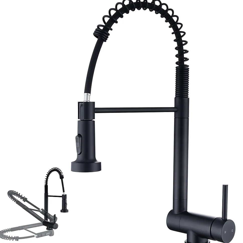 Mitigeur de Cuisine Rabattable Noir Robinet Cuisine à Ressort avec Douchette 2 Modes, Robinet Évier Pliable Rotatif à 360
