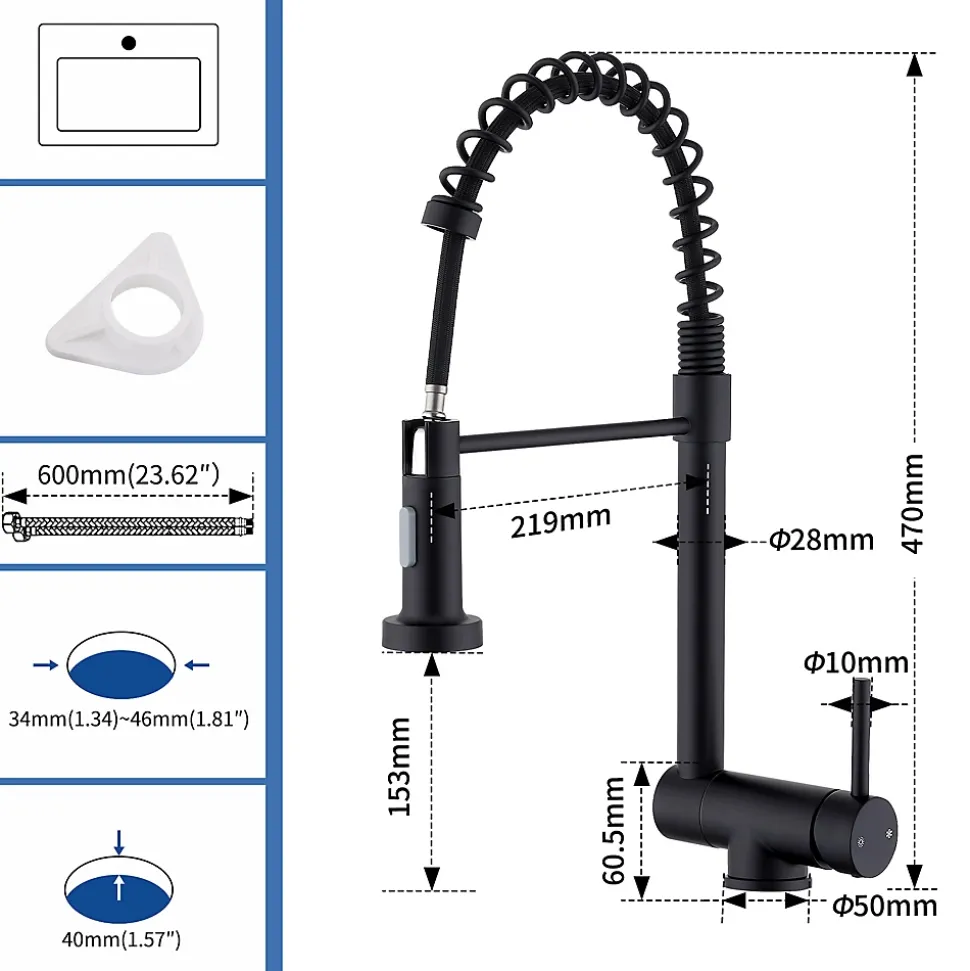 Mitigeur de Cuisine Rabattable Noir Robinet Cuisine à Ressort avec Douchette 2 Modes, Robinet Évier Pliable Rotatif à 360