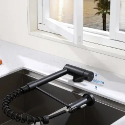 Mitigeur de Cuisine Rabattable Noir Robinet Cuisine à Ressort avec Douchette 2 Modes, Robinet Évier Pliable Rotatif à 360