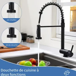Mitigeur de Cuisine Rabattable Noir Robinet Cuisine à Ressort avec Douchette 2 Modes, Robinet Évier Pliable Rotatif à 360