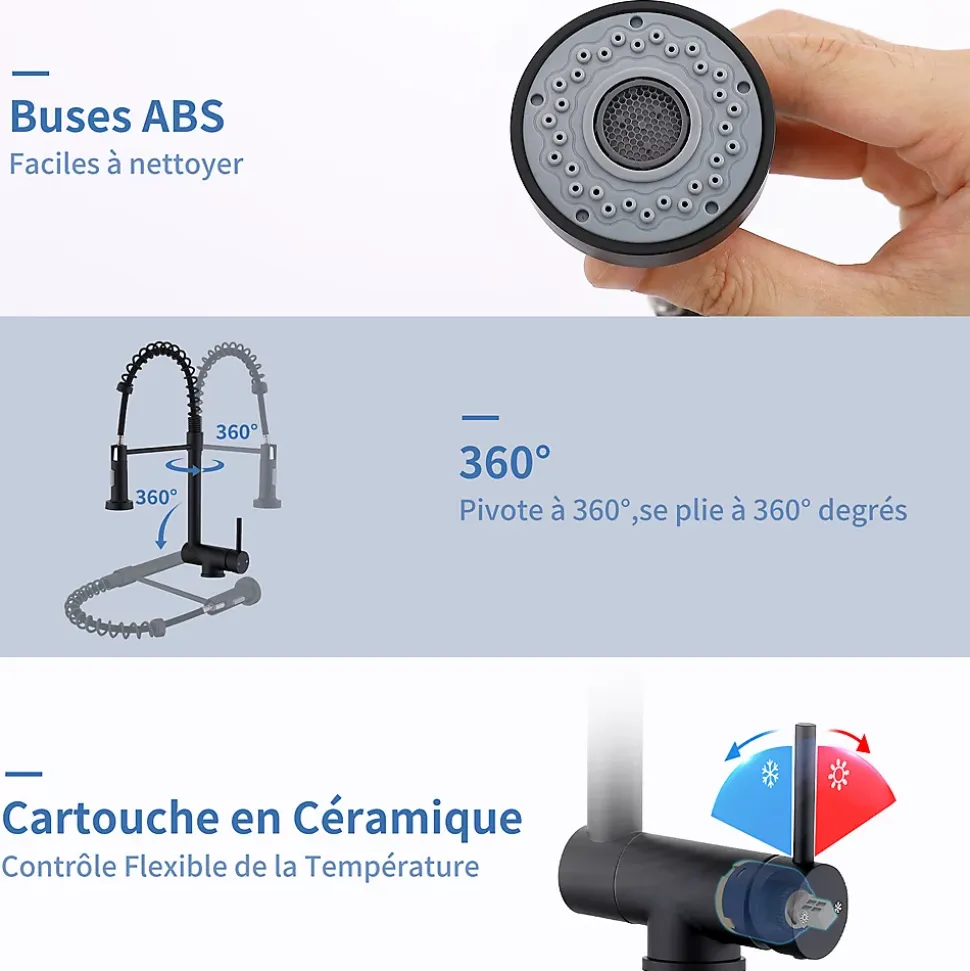Mitigeur de Cuisine Rabattable Noir Robinet Cuisine à Ressort avec Douchette 2 Modes, Robinet Évier Pliable Rotatif à 360
