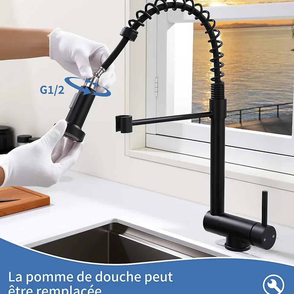 Mitigeur de Cuisine Rabattable Noir Robinet Cuisine à Ressort avec Douchette 2 Modes, Robinet Évier Pliable Rotatif à 360