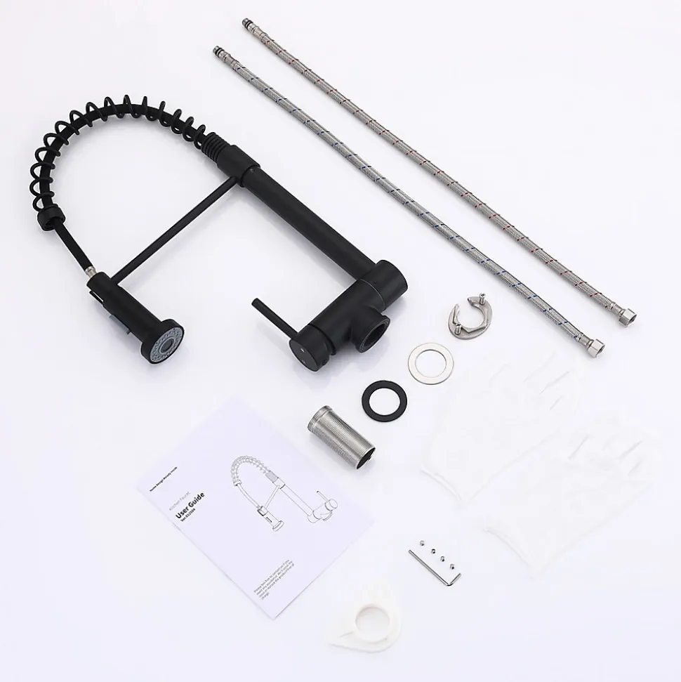 Mitigeur de Cuisine Rabattable Noir Robinet Cuisine à Ressort avec Douchette 2 Modes, Robinet Évier Pliable Rotatif à 360