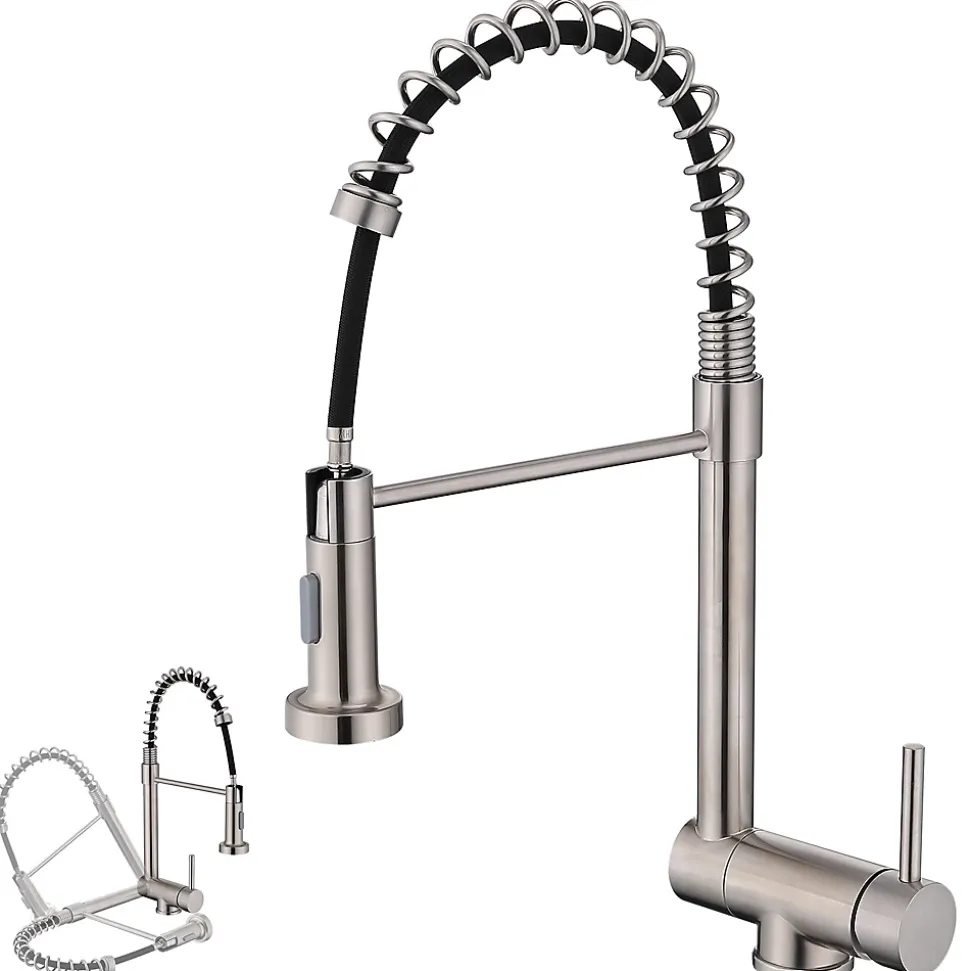 Mitigeur de Cuisine Rabattable Brossé Robinet Cuisine à Ressort avec Douchette 2 Modes, Robinet Évier Pliable Rotatif à 360