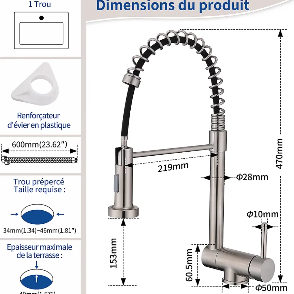 Mitigeur de Cuisine Rabattable Brossé Robinet Cuisine à Ressort avec Douchette 2 Modes, Robinet Évier Pliable Rotatif à 360