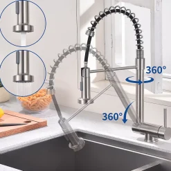 Mitigeur de Cuisine Rabattable Brossé Robinet Cuisine à Ressort avec Douchette 2 Modes, Robinet Évier Pliable Rotatif à 360
