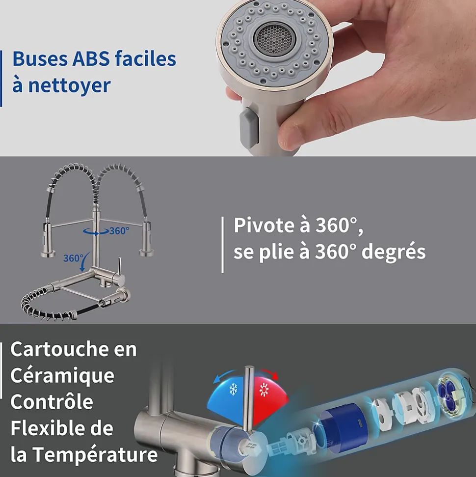 Mitigeur de Cuisine Rabattable Brossé Robinet Cuisine à Ressort avec Douchette 2 Modes, Robinet Évier Pliable Rotatif à 360