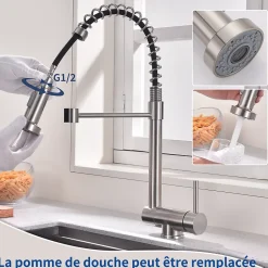 Mitigeur de Cuisine Rabattable Brossé Robinet Cuisine à Ressort avec Douchette 2 Modes, Robinet Évier Pliable Rotatif à 360