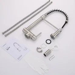 Mitigeur de Cuisine Rabattable Brossé Robinet Cuisine à Ressort avec Douchette 2 Modes, Robinet Évier Pliable Rotatif à 360