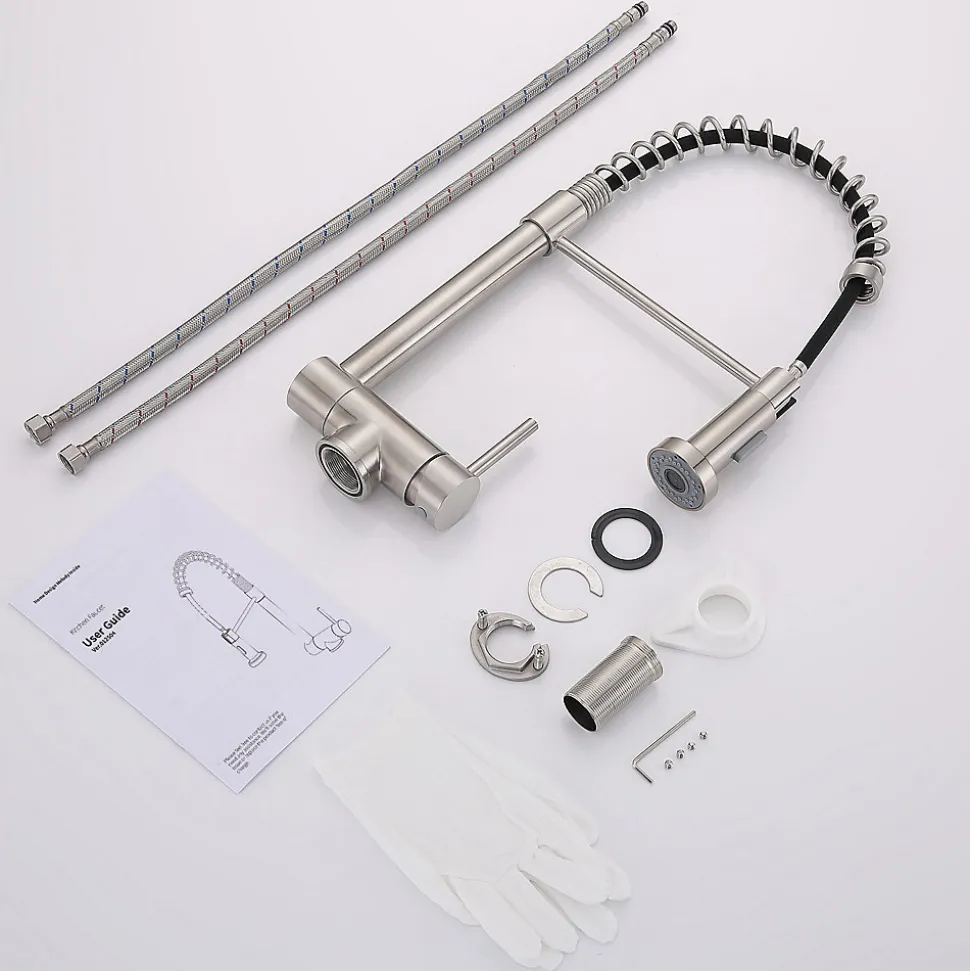 Mitigeur de Cuisine Rabattable Brossé Robinet Cuisine à Ressort avec Douchette 2 Modes, Robinet Évier Pliable Rotatif à 360