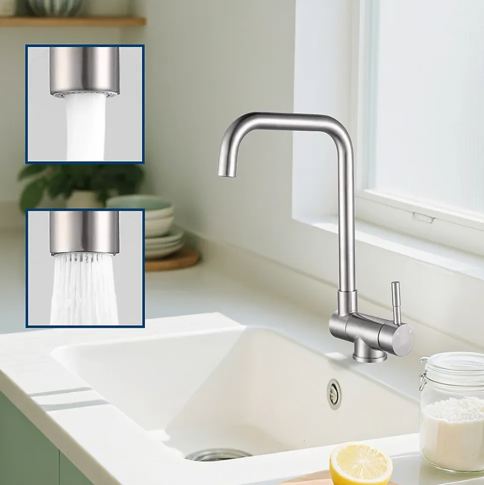 Mitigeur de cuisine repliable : Régulation chaud/froid, rotation 360, acier inoxydable Brossé