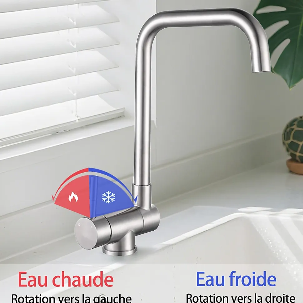 Mitigeur de cuisine repliable : Régulation chaud/froid, rotation 360, acier inoxydable Brossé