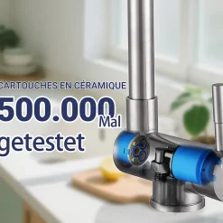 Mitigeur de cuisine repliable : Régulation chaud/froid, rotation 360, acier inoxydable Brossé