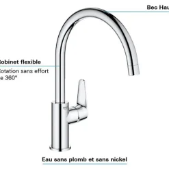 Mitigeur monocommande Evier - GROHE - 31554001 - Col de cygne - Chromé - Métal - Gris