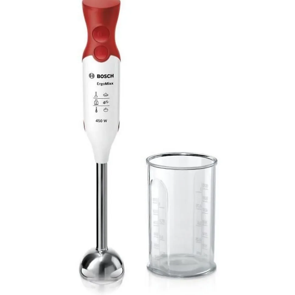 Mixeur plongeant BOSCH - 450W - Pied inox - 4 lames aiguisées - 2 vitesses - Bol gradué 600ml - blanc/rouge