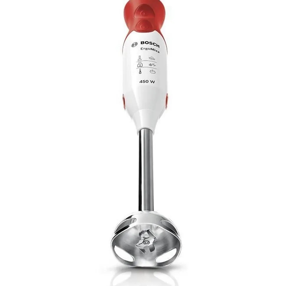 Mixeur plongeant BOSCH - 450W - Pied inox - 4 lames aiguisées - 2 vitesses - Bol gradué 600ml - blanc/rouge