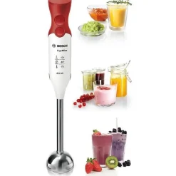 Mixeur plongeant BOSCH - 450W - Pied inox - 4 lames aiguisées - 2 vitesses - Bol gradué 600ml - blanc/rouge