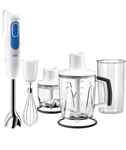 Mixeur plongeant BRAUN MQ3045WH avec 2 hachoirs Aperitive - Blanc et Bleu - PowerBell Plus et Splash control