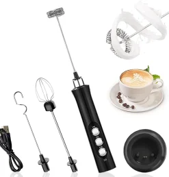 Mousseur à Lait Électrique Rechargeable USB avec Mini Fouet Electrique avec 3 Vitesses Réglable noir