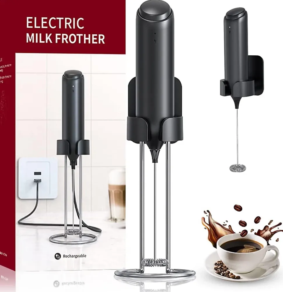 Mousseur à Lait Électrique Rechargeable USB Avec Support noir
