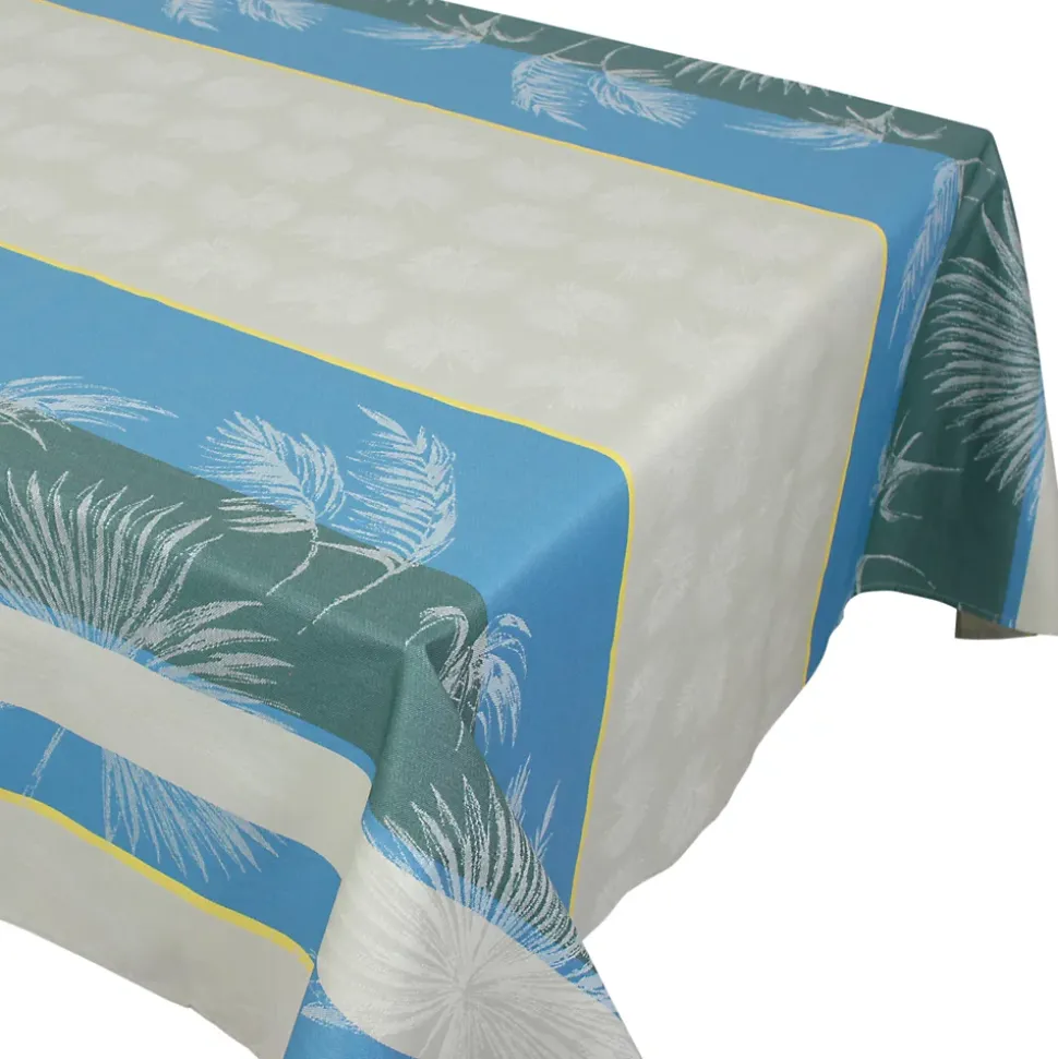 Nappe rectangle 150x300 cm PALMIER bleu lagon Jacquard coton +