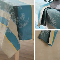 Nappe rectangle 150x300 cm PALMIER bleu lagon Jacquard coton +