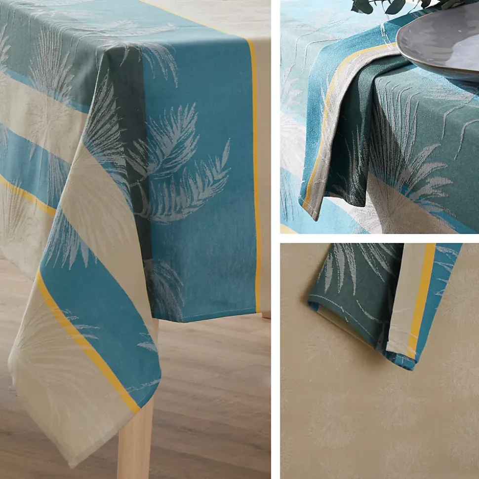 Nappe rectangle 150x300 cm PALMIER bleu lagon Jacquard coton +