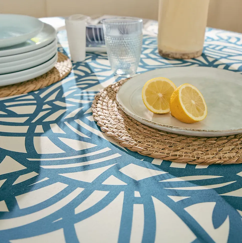 Nappe rectangulaire coton enduit feuillage abstrait (160x350 cm - Bleu)