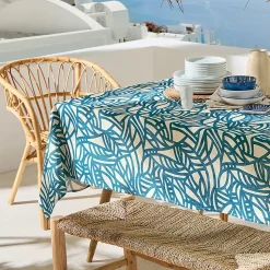 Nappe rectangulaire coton enduit feuillage abstrait (160x350 cm - Bleu)